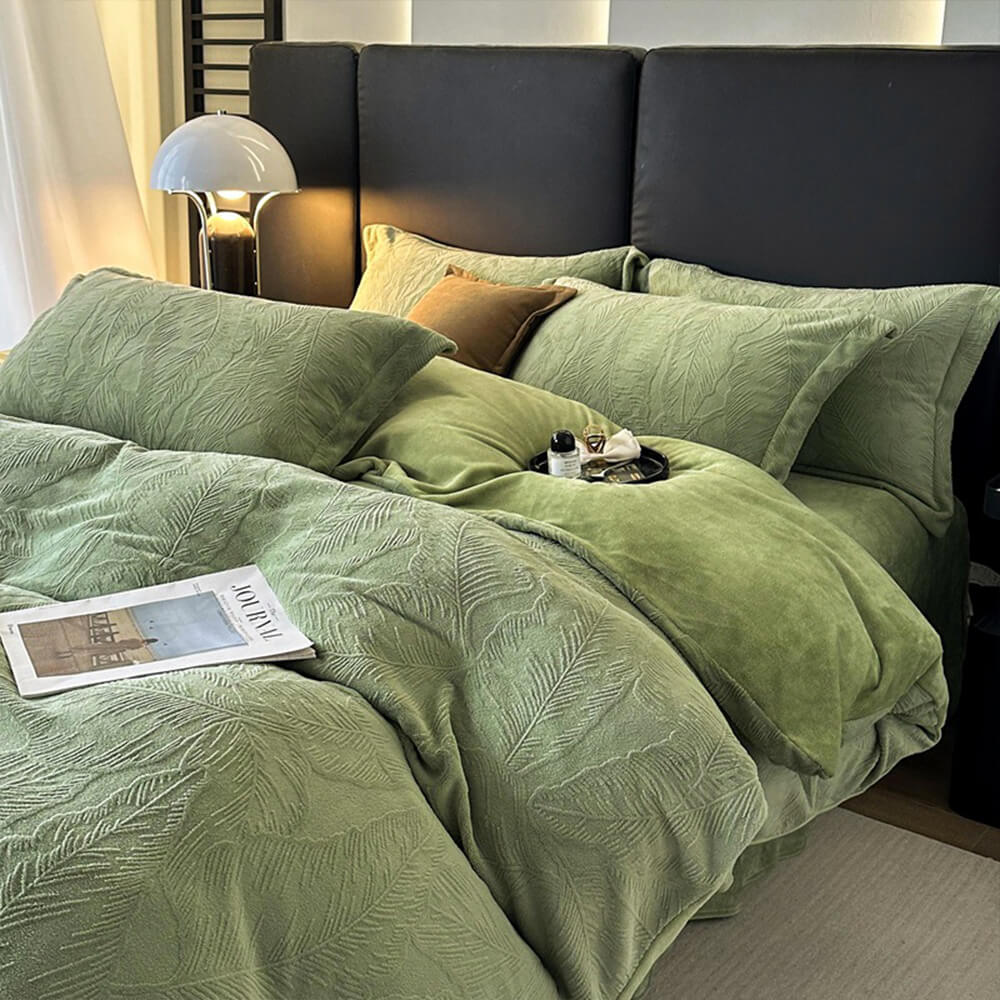 Juego de cama de terciopelo tibio en relieve natural en relieve de hoja