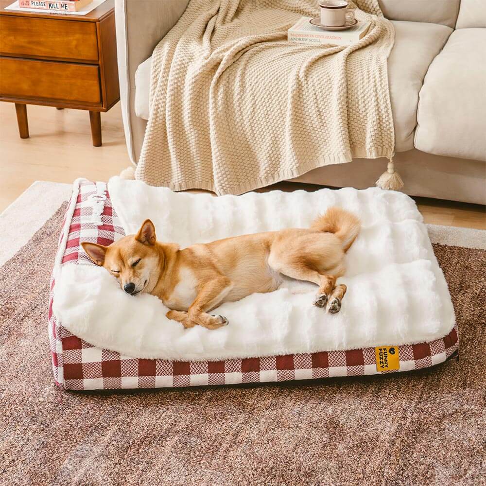 Bed de perro calmante de rectángulo de cabeza de cheque de cheques grandes - ola de ensueño