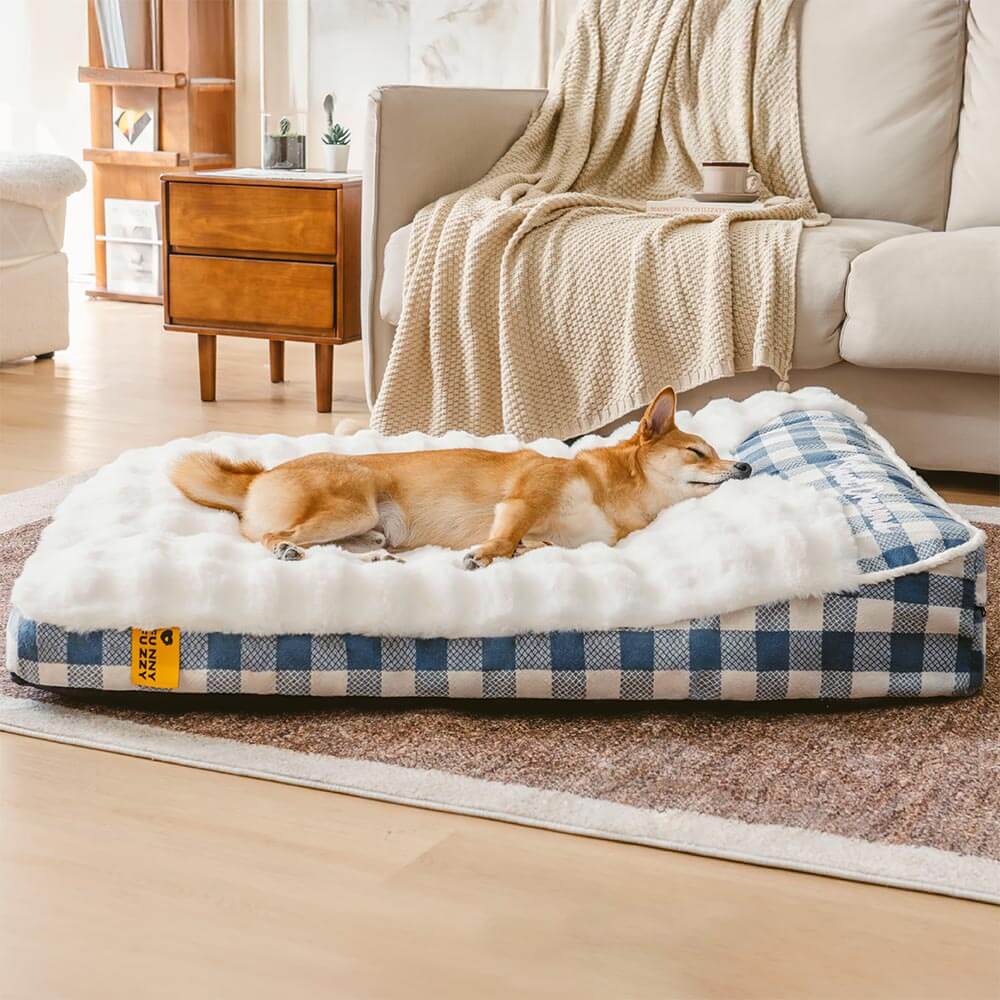 Bed de perro calmante de rectángulo de cabeza de cheque de cheques grandes - ola de ensueño