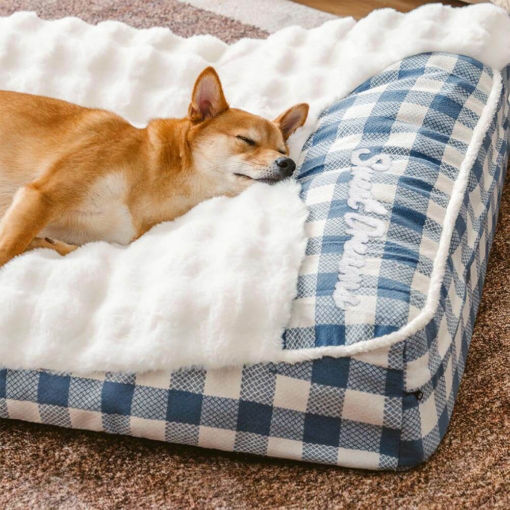 Bed de perro calmante de rectángulo de cabeza de cheque de cheques grandes - ola de ensueño