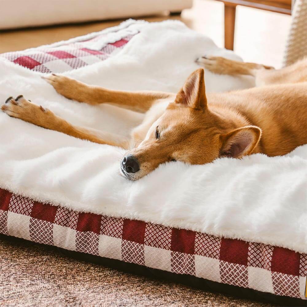 Bed de perro calmante de rectángulo de cabeza de cheque de cheques grandes - ola de ensueño