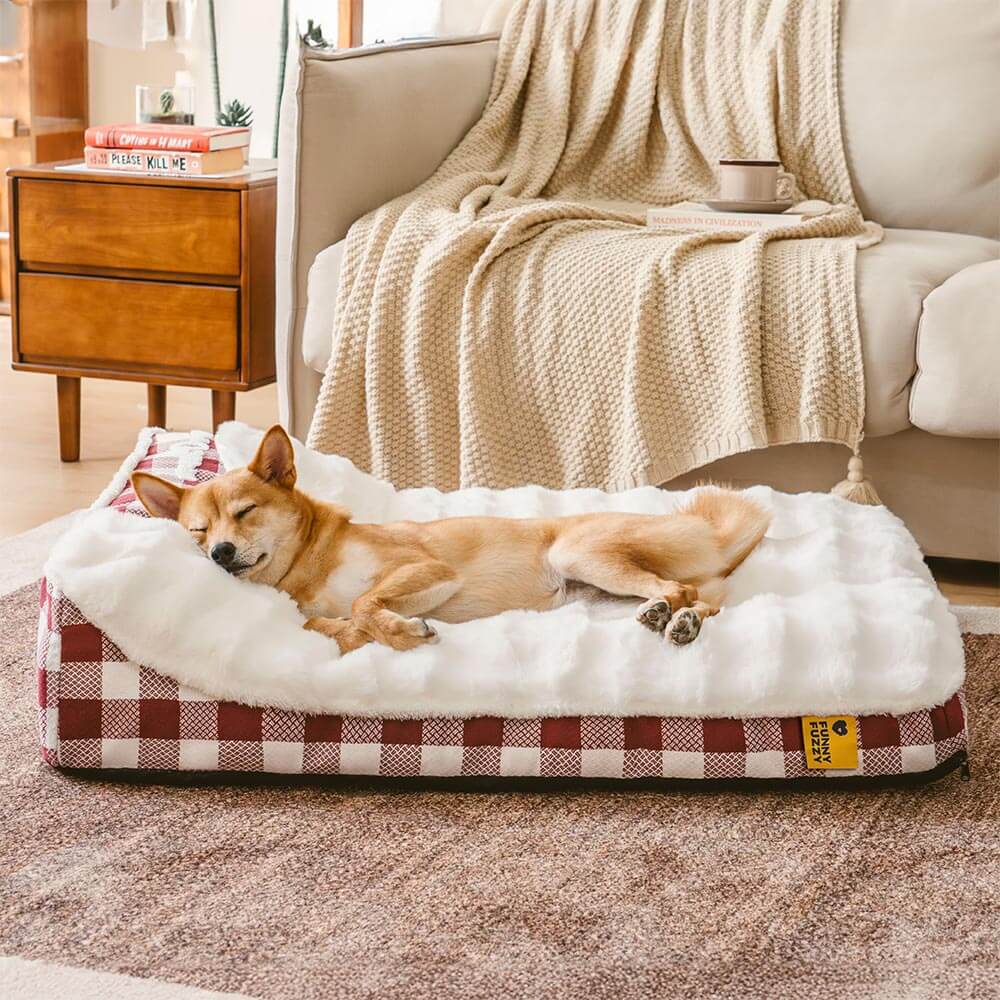 Bed de perro calmante de rectángulo de cabeza de cheque de cheques grandes - ola de ensueño