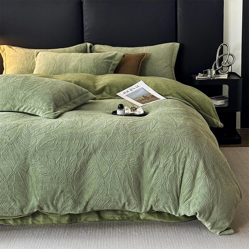 Juego de cama de terciopelo tibio en relieve natural en relieve de hoja