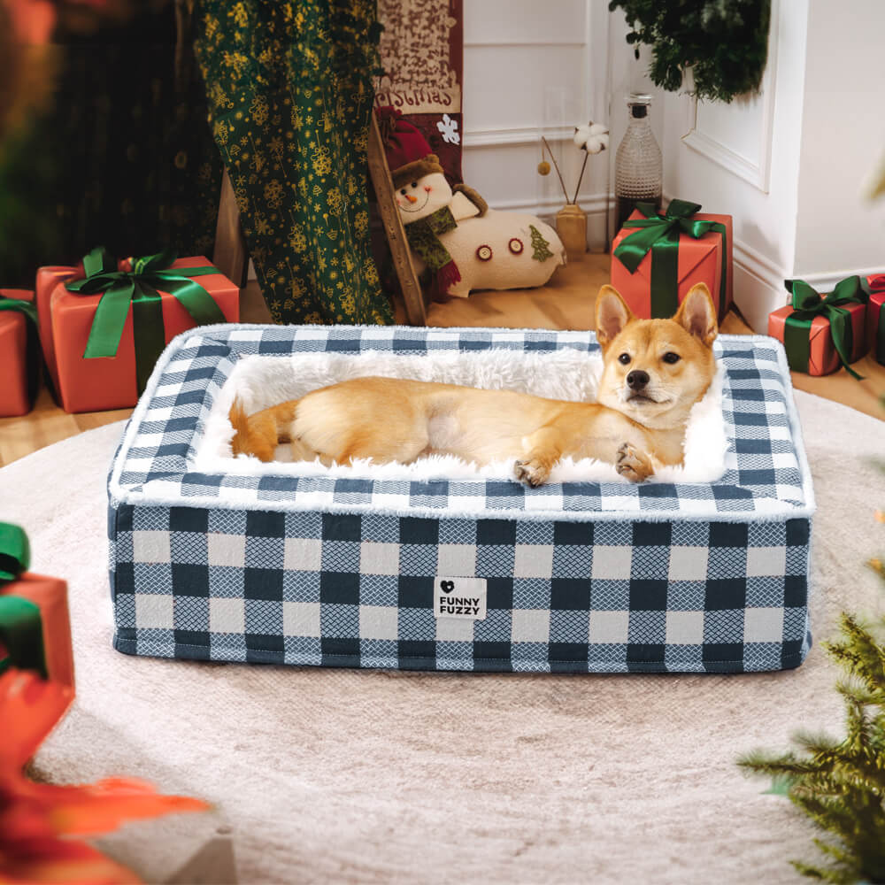 Cama festiva clásica de tartán acogedor perro anti-ansiedad calmante