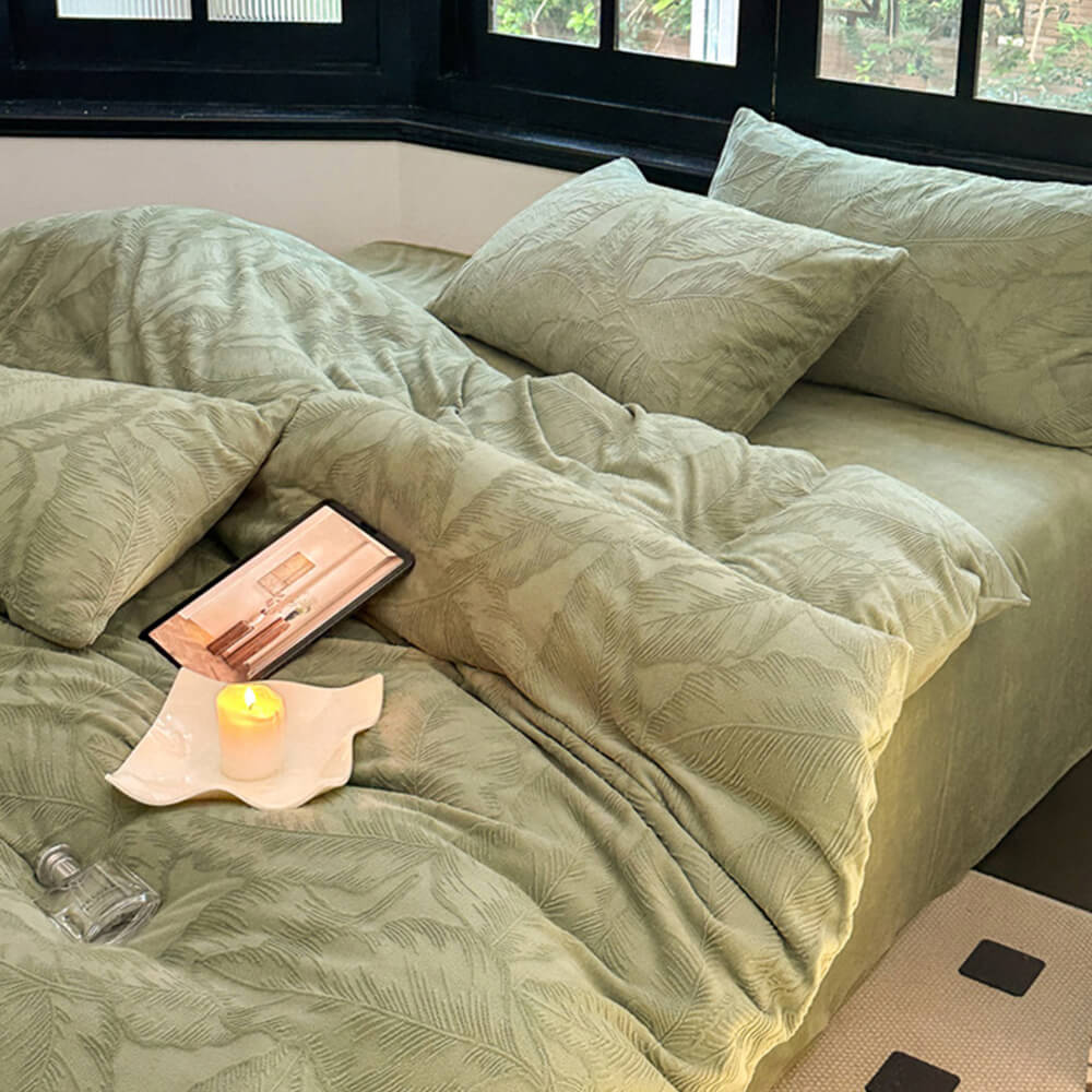 Juego de cama de terciopelo tibio en relieve natural en relieve de hoja
