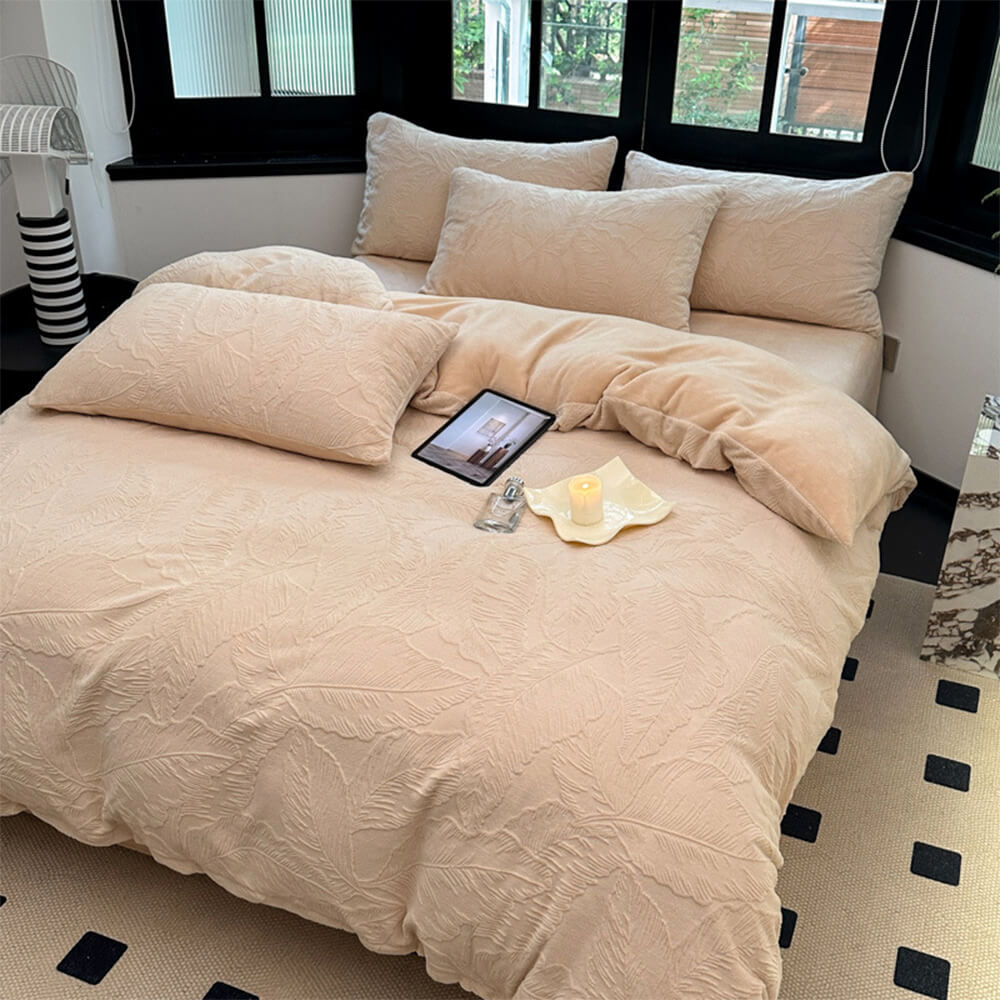 Juego de cama de terciopelo tibio en relieve natural en relieve de hoja