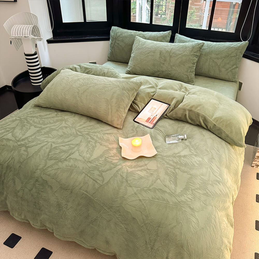 Juego de cama de terciopelo tibio en relieve natural en relieve de hoja
