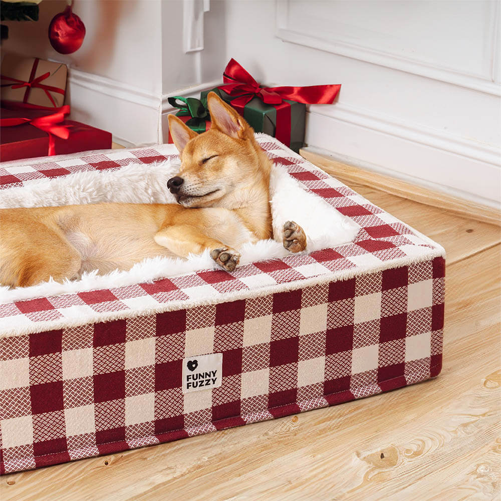 Cama festiva clásica de tartán acogedor perro anti-ansiedad calmante