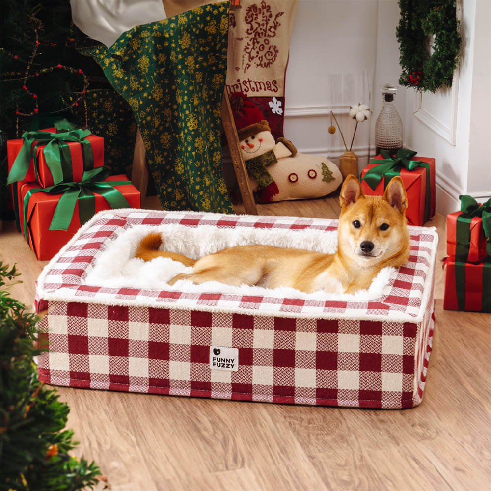 Cama festiva clásica de tartán acogedor perro anti-ansiedad calmante
