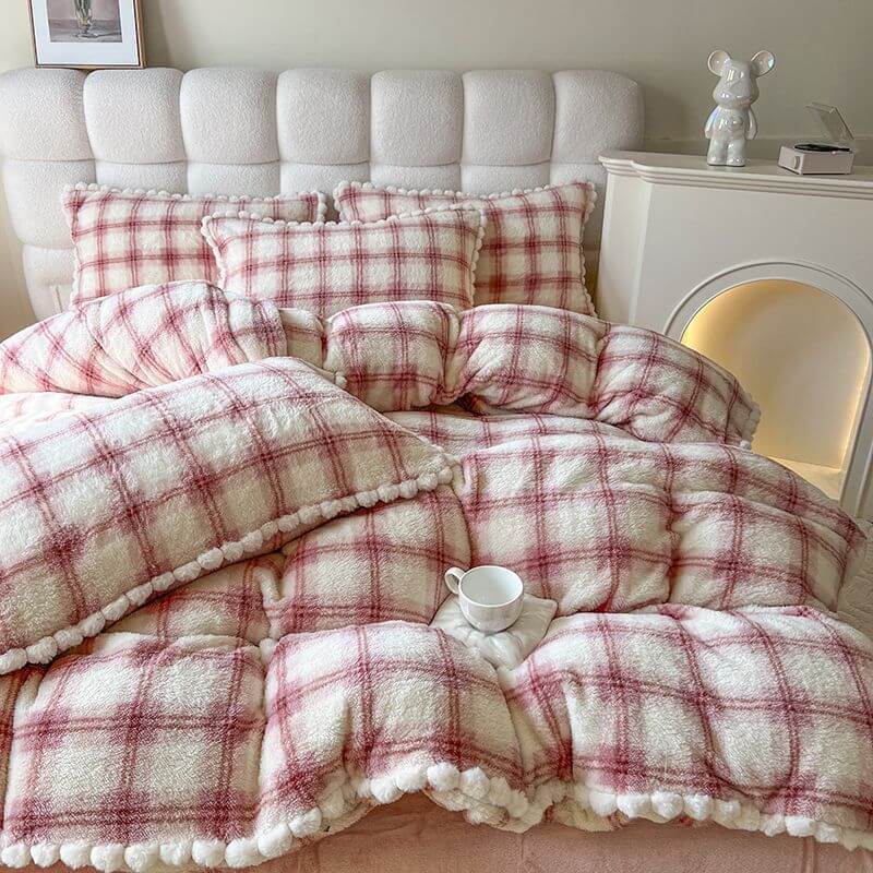 Ensemble de draps en peluche douce à carreaux moelleux et tendance