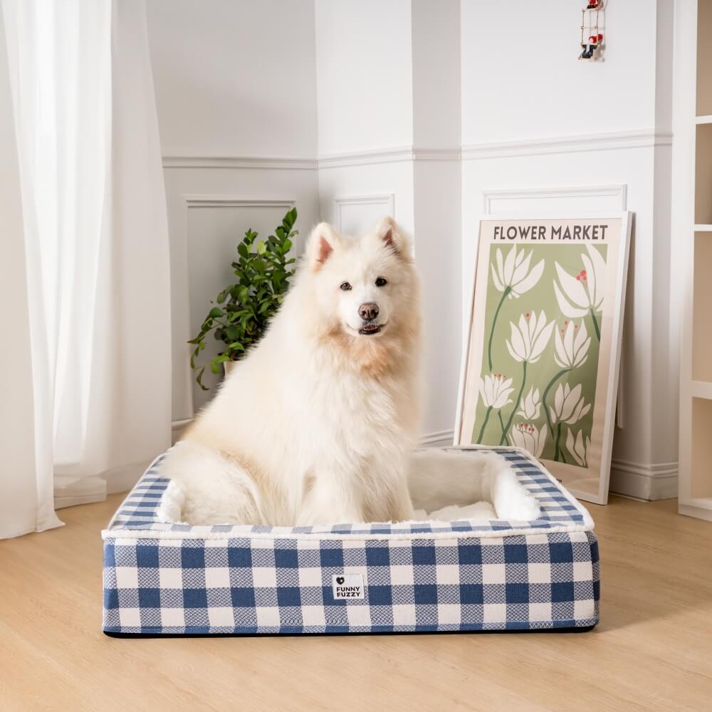 Cama festiva clásica de tartán acogedor perro anti-ansiedad calmante
