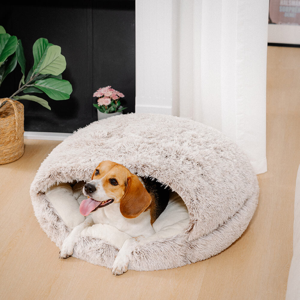 Lit pita nid semi-fermé en peluche apaisant pour chiens