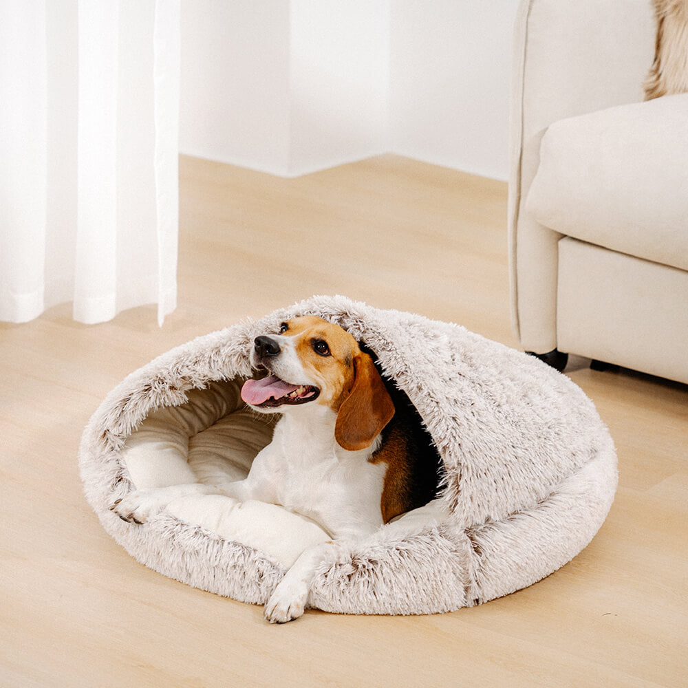 Lit pita nid semi-fermé en peluche apaisant pour chiens