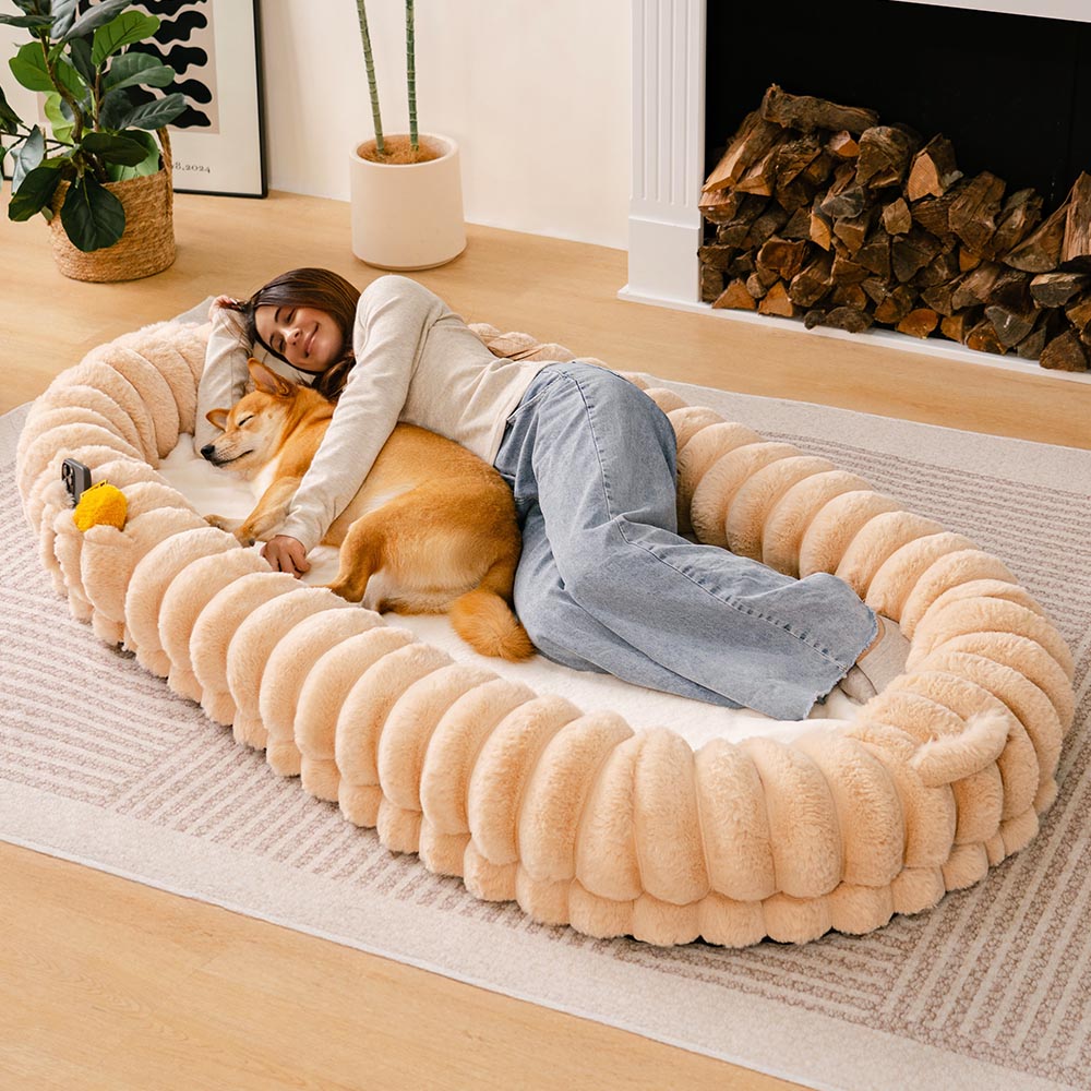 Lit pour chien humain en forme de beignet super grand et moelleux classique - Berceau câlin