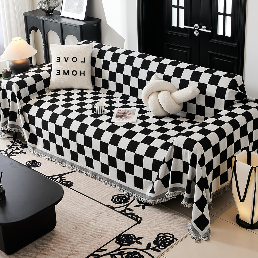 Couverture de canapé à franges en damier, bloc de couleurs