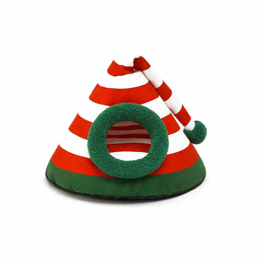 Chapeau de Noël classique, lit de grotte pour chat semi-fermé, lavable et chaud