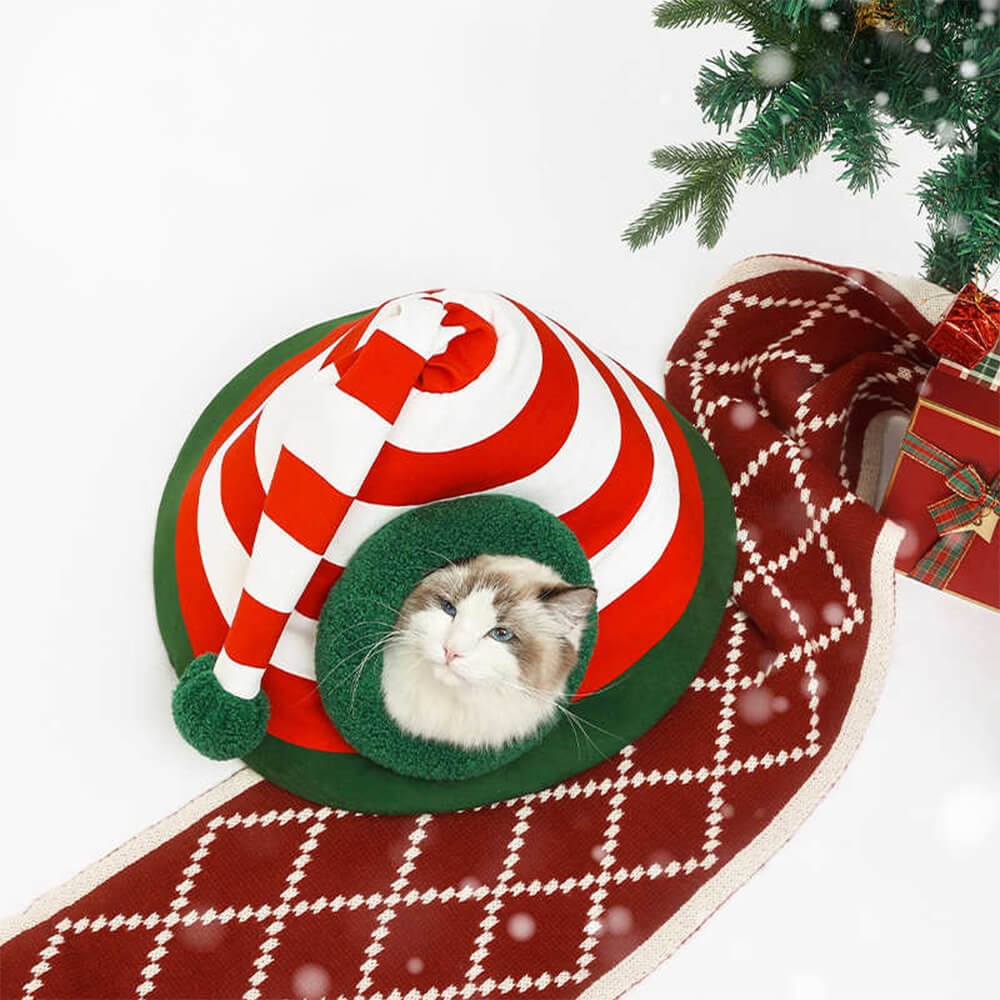 Chapeau de Noël classique, lit de grotte pour chat semi-fermé, lavable et chaud