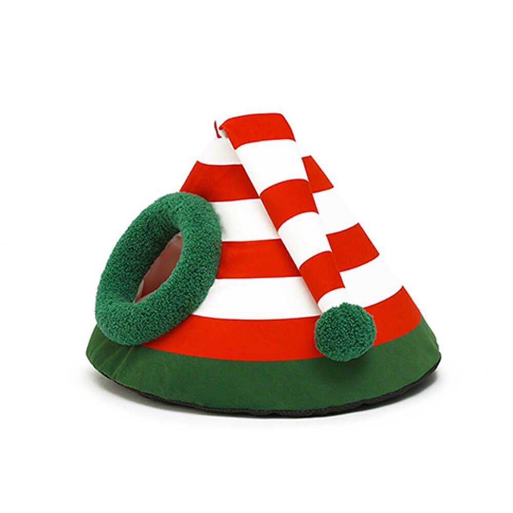 Chapeau de Noël classique, lit de grotte pour chat semi-fermé, lavable et chaud