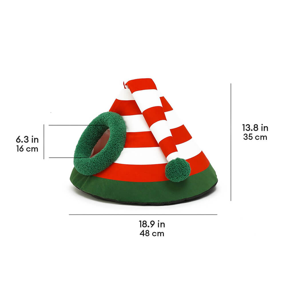 Chapeau de Noël classique, lit de grotte pour chat semi-fermé, lavable et chaud