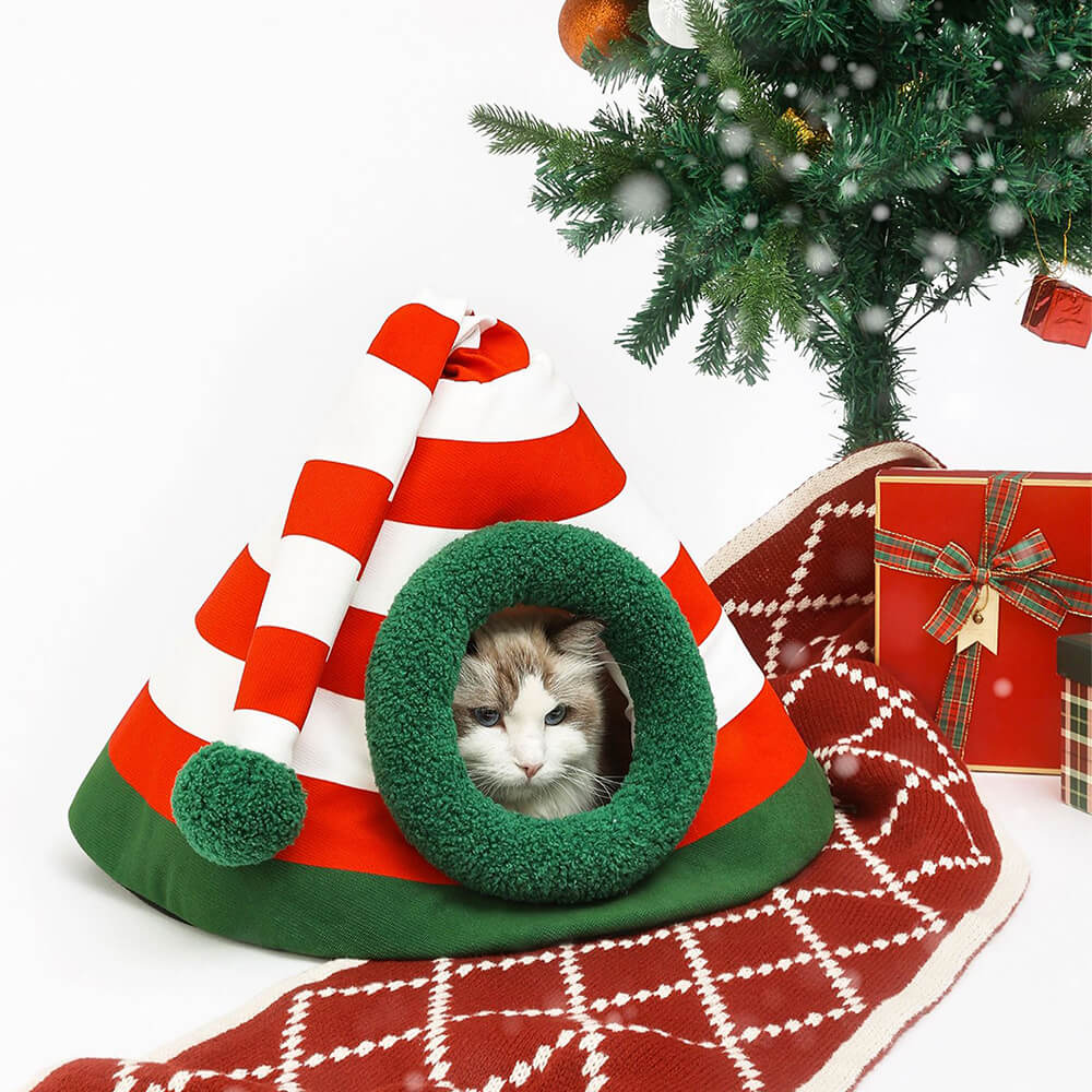 Chapeau de Noël classique, lit de grotte pour chat semi-fermé, lavable et chaud