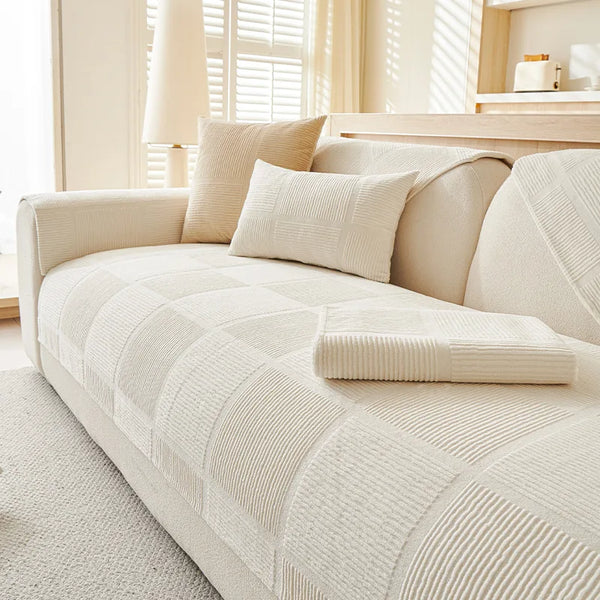 Plush Cream Geometric All Seasons Non-Slip Couch Cover