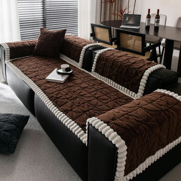 Thickend Short Plush Leaf Pattern Scratch Resistant Non-Slip Couch Cover