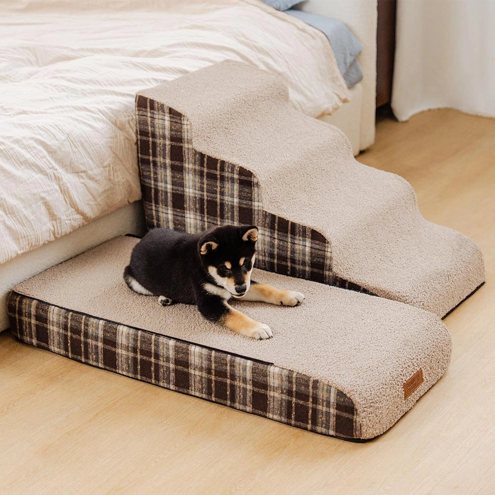 Plush Plaid High-Density Sponge Removable Pet Ramp Stairs - ComfyClimb